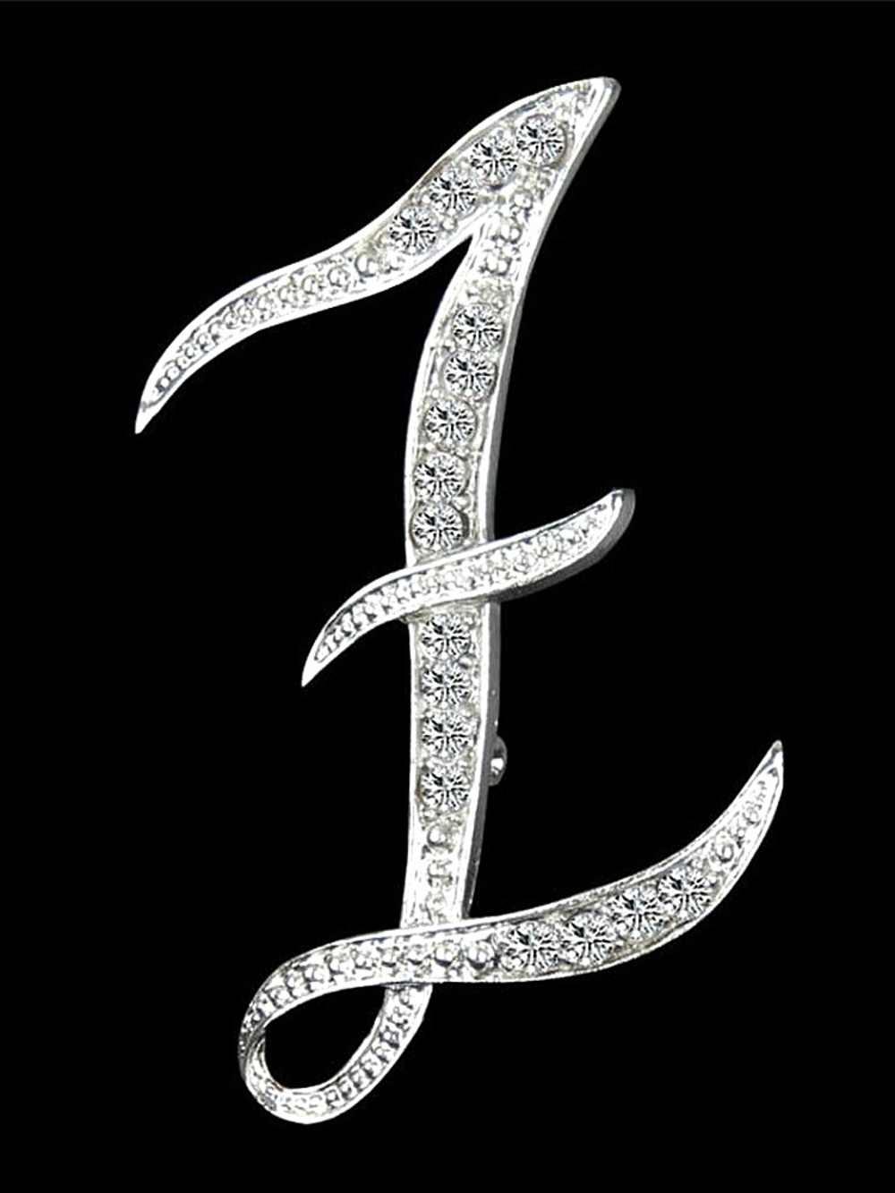 Elegant Cursive Letter Z Silver Tone Brooch Pin Sparkling Rhinestone Crystal
